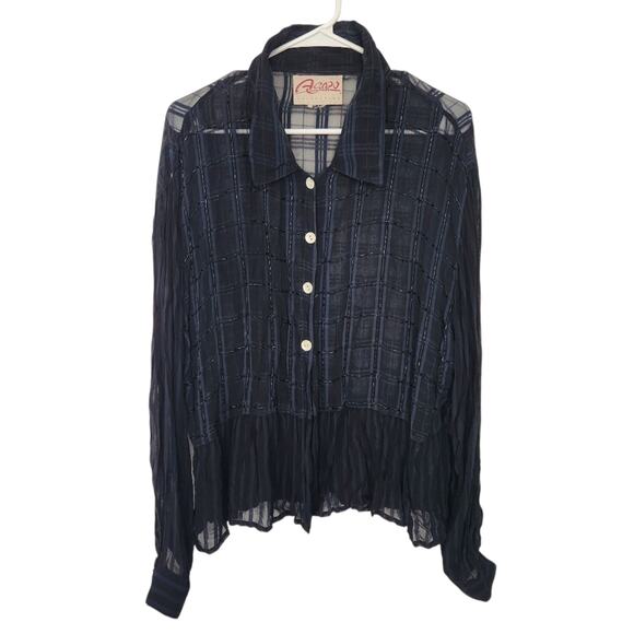 Agapo Collection Vintage Beaded Sheer Button Down Shirt Blouse Navy Retro Artsy - Picture 1 of 8